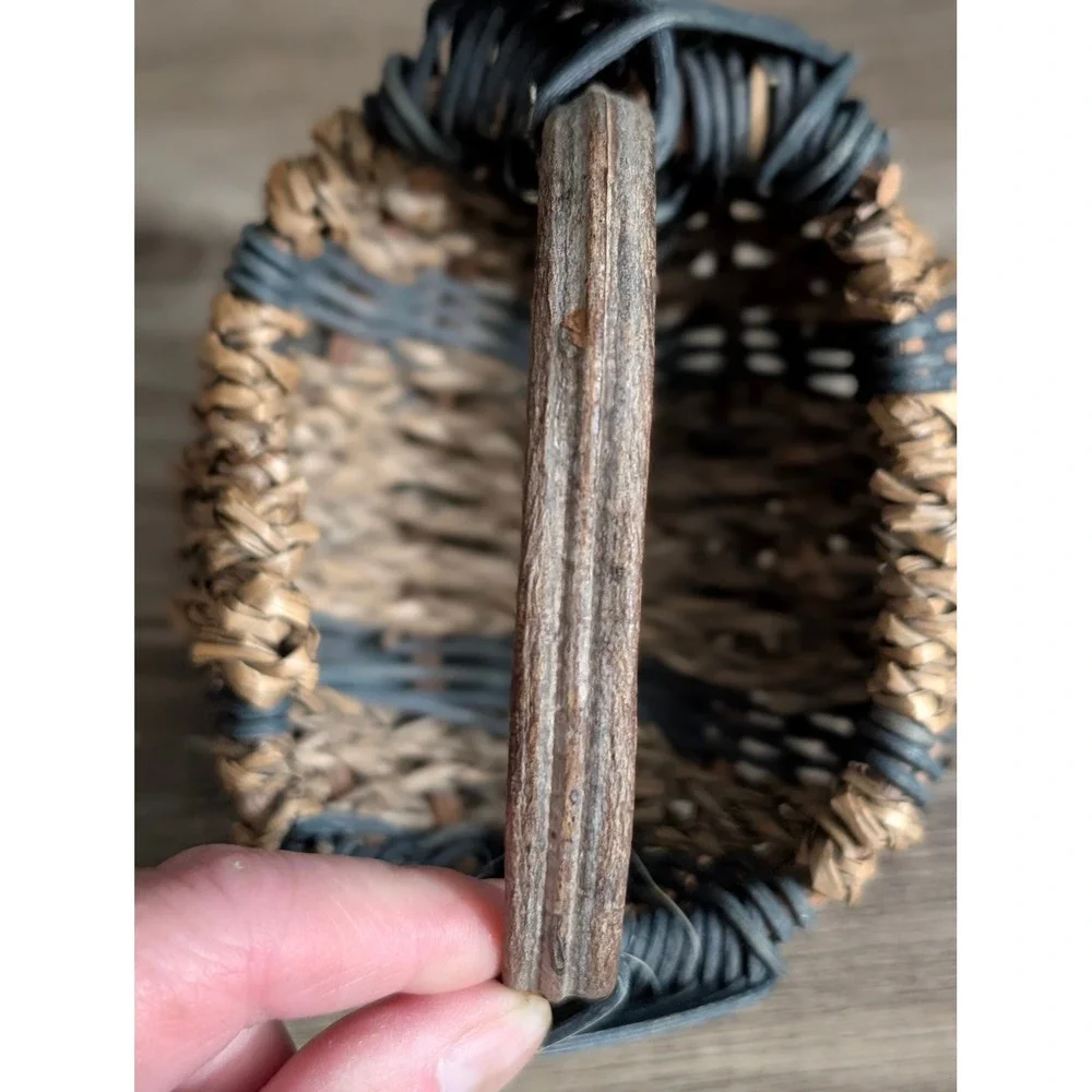 Vintage Miniature Woven Basket Blueish Green & Brown Seagrass Twig Handle Rustic
